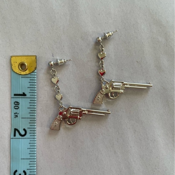 Silver Tone Gun Heart Dangle Earrings - Picture 2 of 2